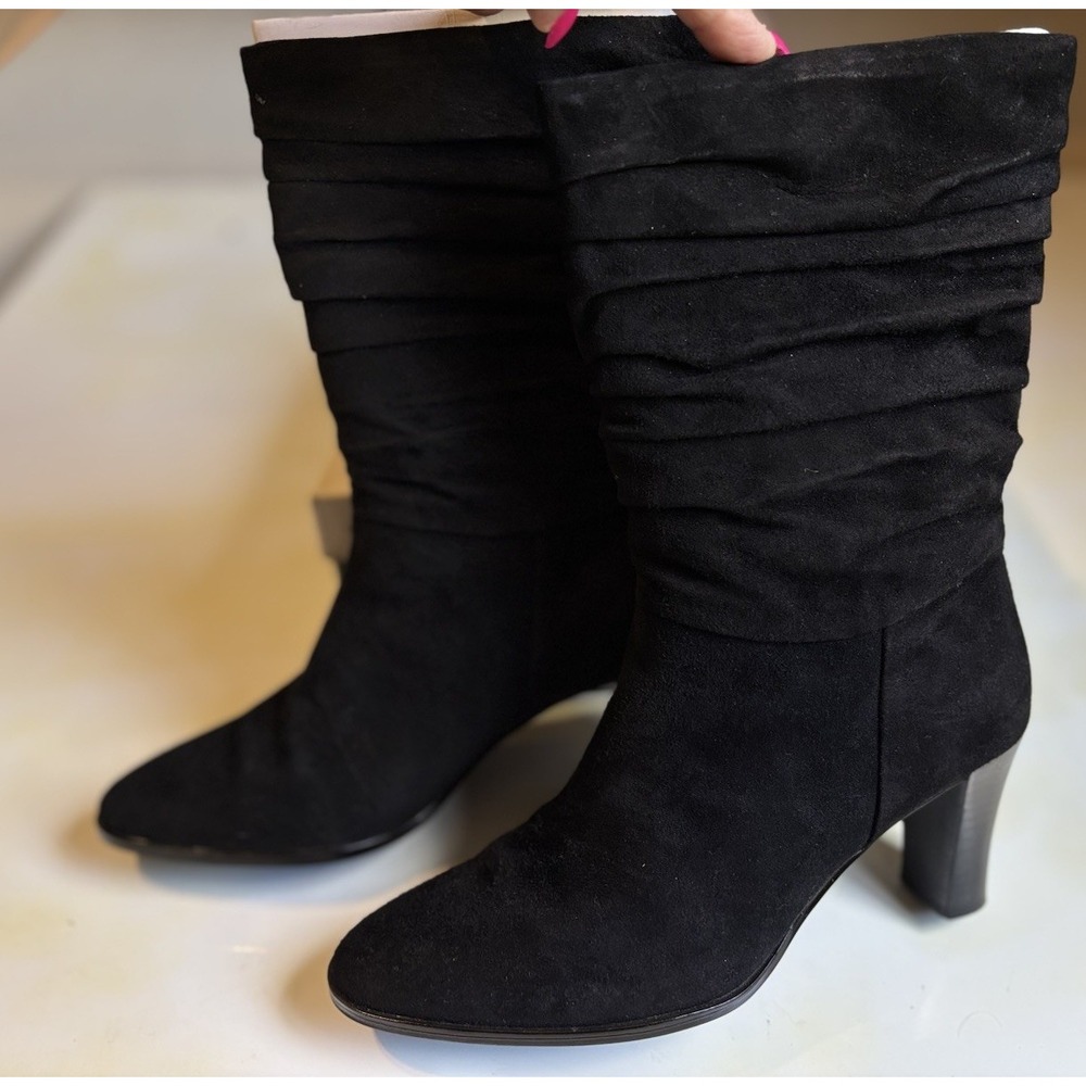 Worthington Tall Black‎ Suede Leather Boots Side Zip Heel Size 7.5M Pointed Toe - Picture 3 of 9